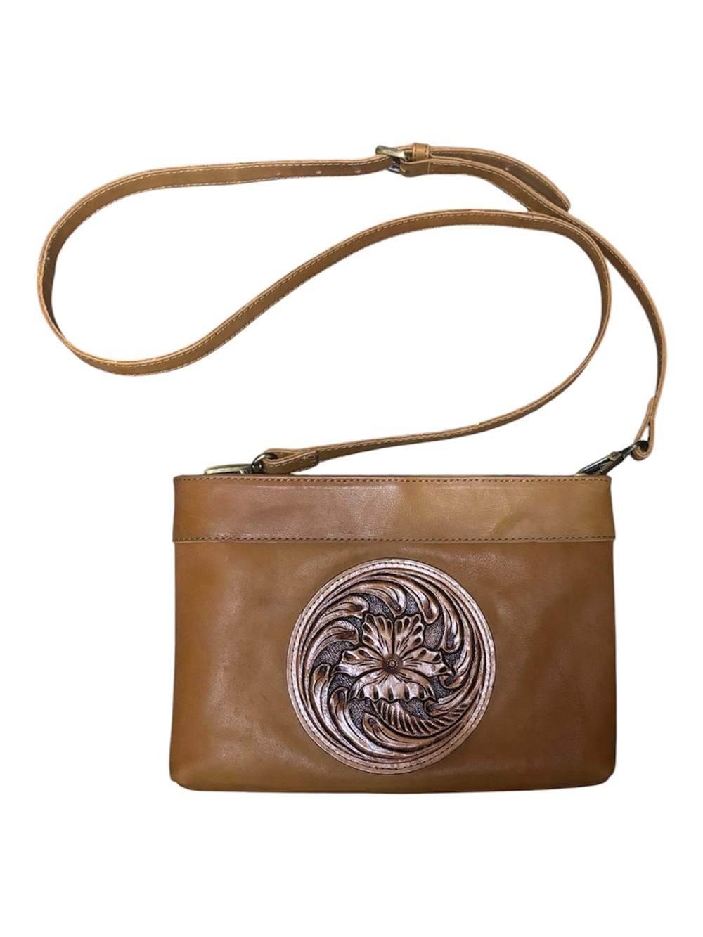 Gorgeous Leather Crossbody with Embossed Floral Medallion Hand Tooled Hibiscus